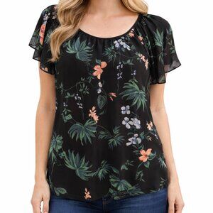 Philosophy Black Floral Flutter Sleeve Blouse for Spring Size Petite Small